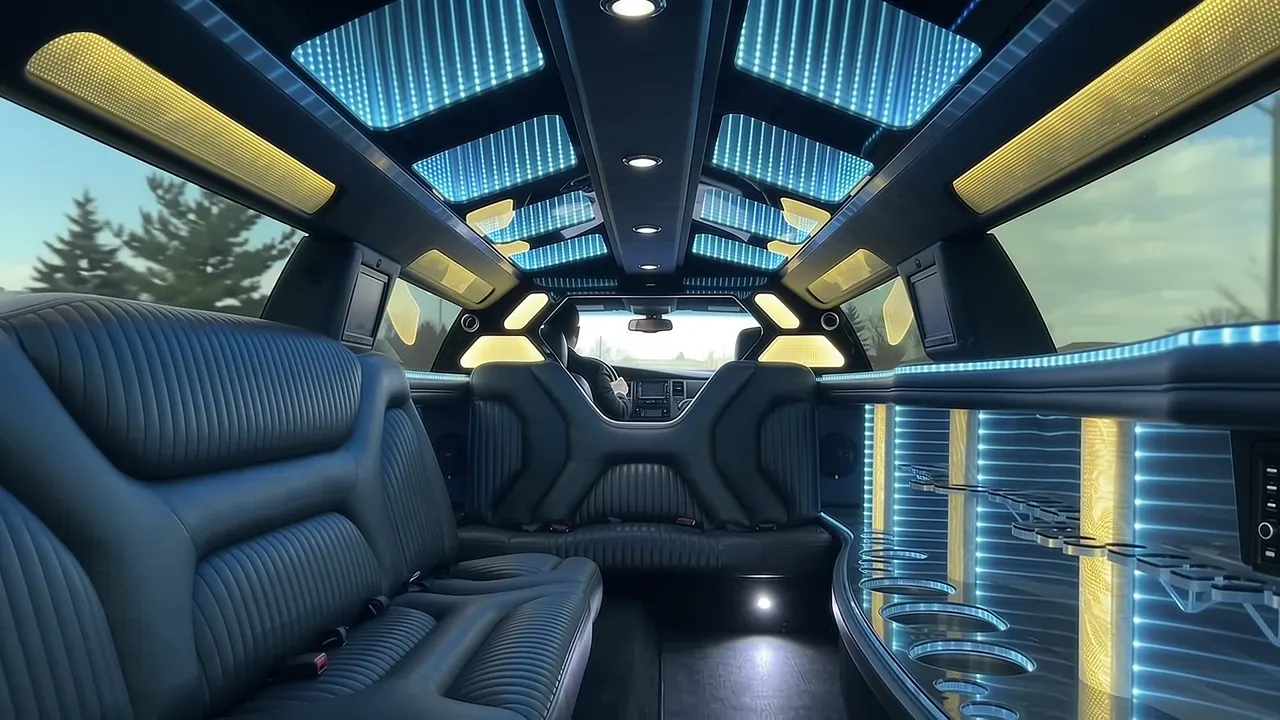 Inside the Dodge Charger limo in Boulder: LED light-show ceiling, leather lounge seating and lit bar