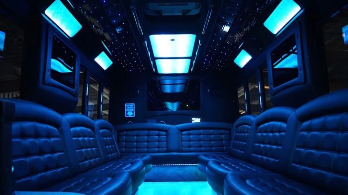 Wraparound seating and blue LED lights – Boulder limo service
